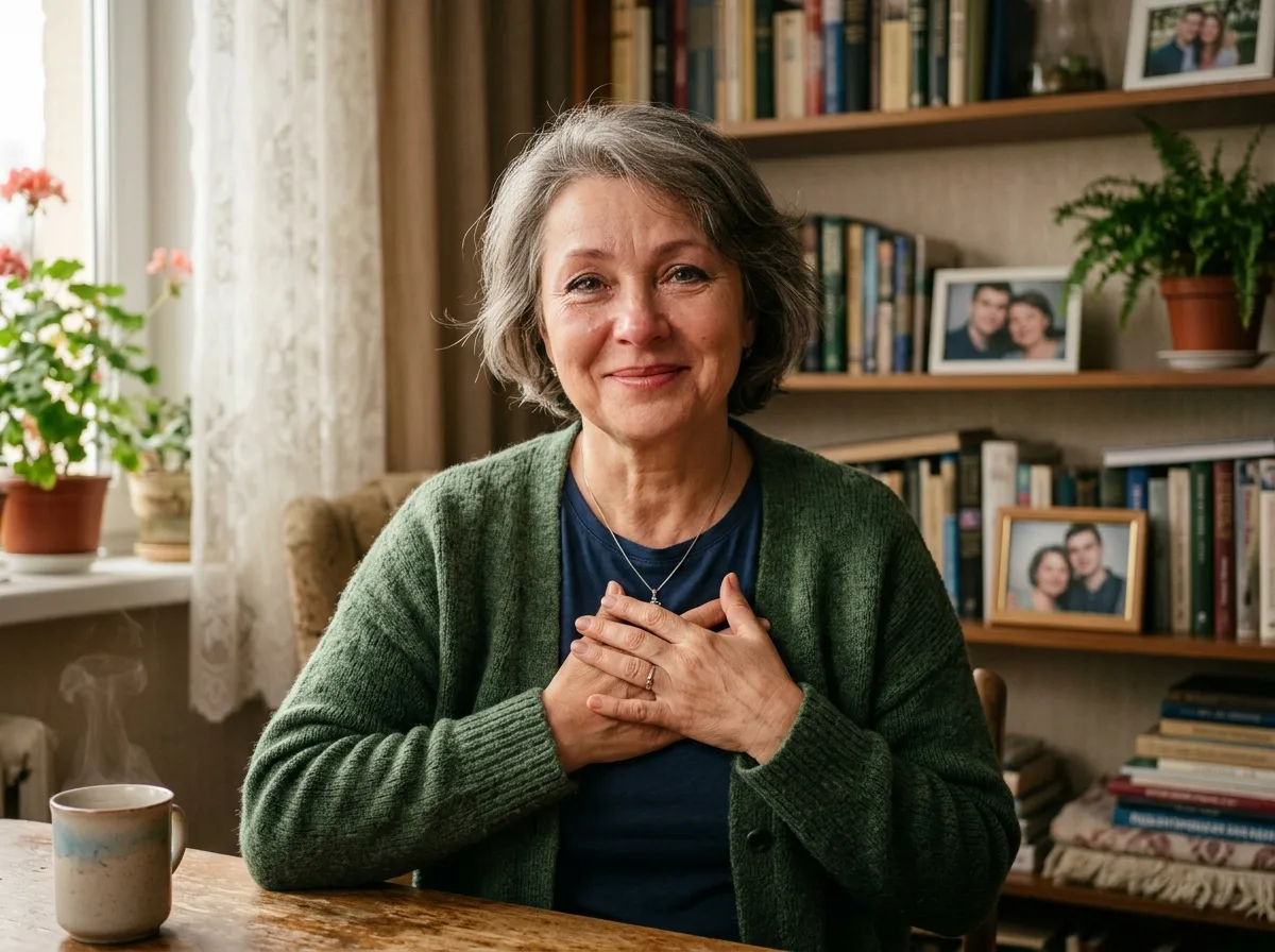 Аватар: женщина средних лет, мягкое освещение, выражение благодарности, портрет в домашней обстановке
